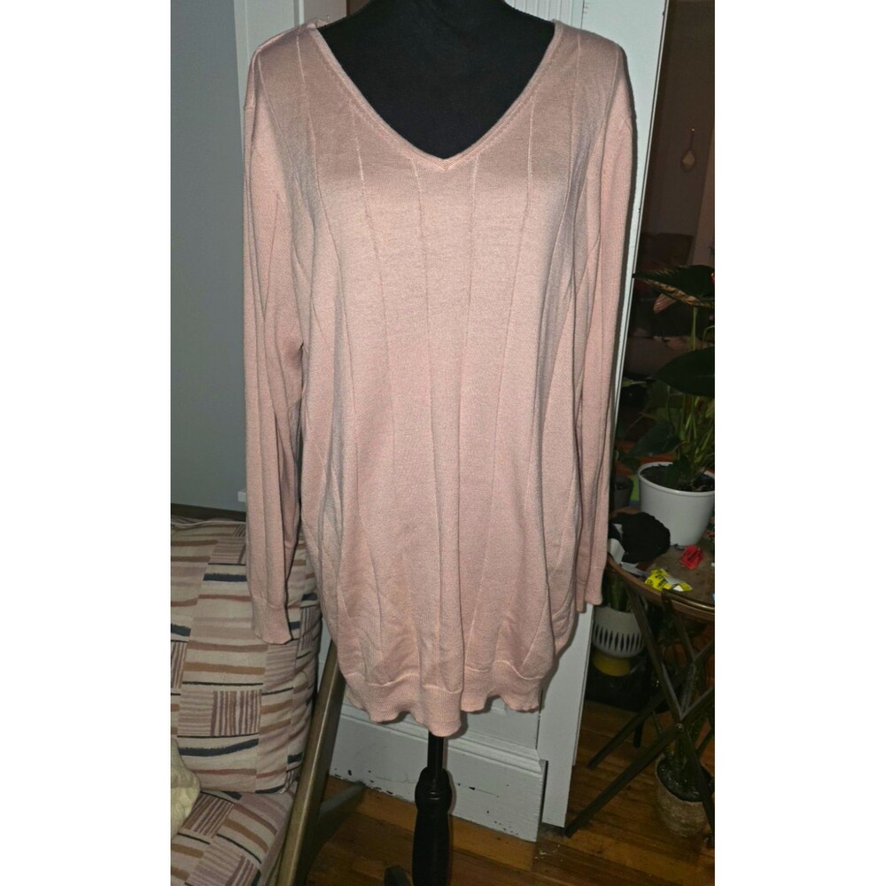 Roaman’s Women’s Pink Solid Rib-Knit V-Neck Long Sleeve Pullover Sweater 1X